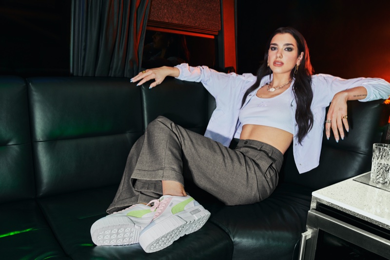 Dua Lipa Lounges in PUMA Mayze Lth Pop Sneaker